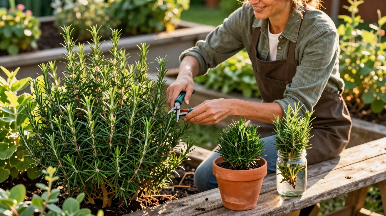 Mulher com avental podando planta de alecrim em jardim, com mudas em vaso e jarro ao lado.