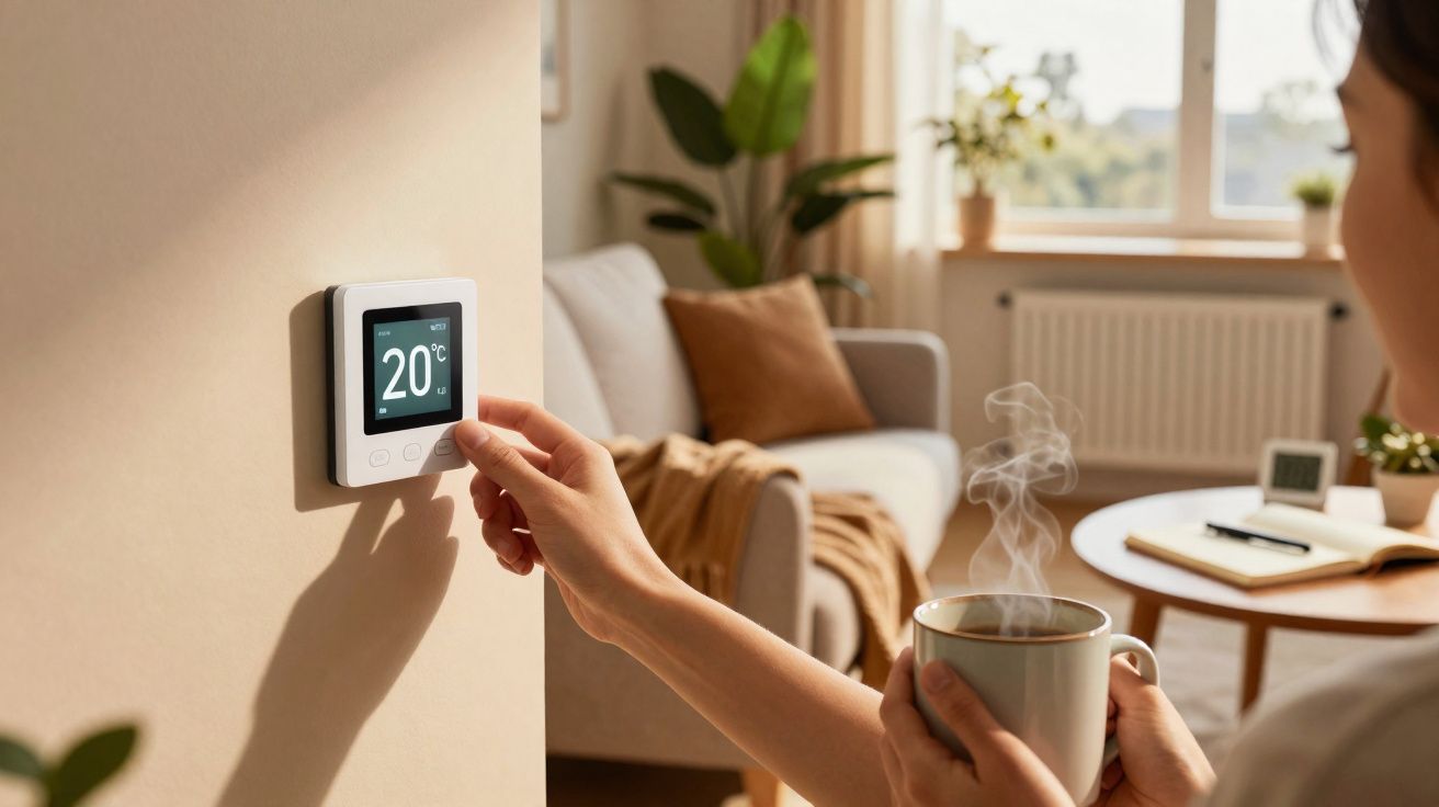 Pessoa ajusta termostato digital na parede segurando caneca de bebida quente em sala iluminada e aconchegante.