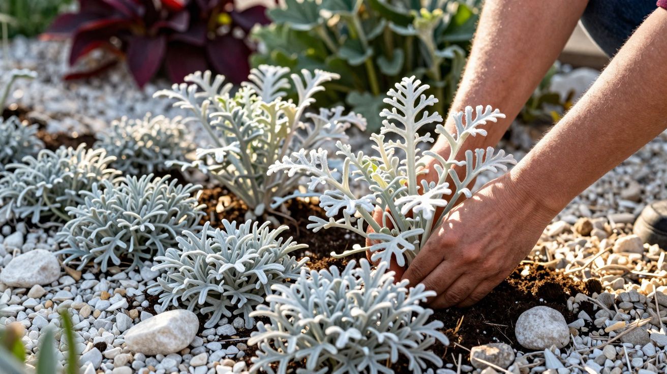 Mãos plantando flores prateadas em solo com pedras brancas em jardim iluminado pelo sol.