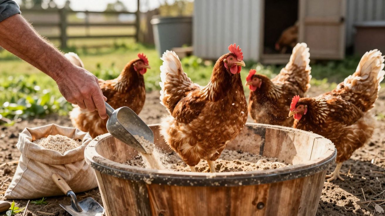 Mãos alimentando galinhas com ração em um galpão rural durante o dia.
