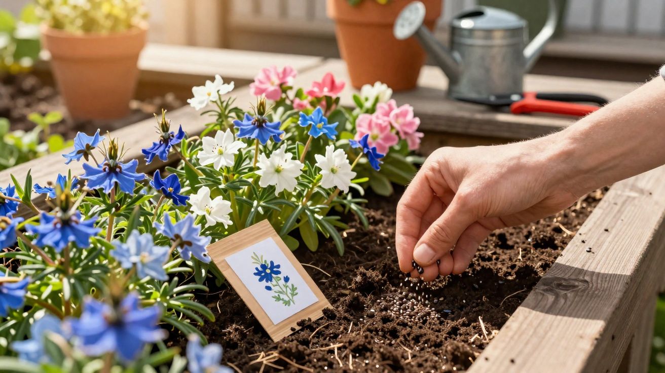 Pessoa plantando sementes em canteiro com flores coloridas ao fundo e regador ao lado.