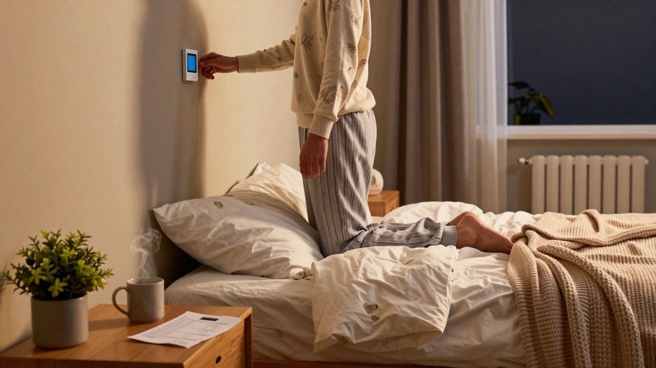 Pessoa em pijama ajustando termostato na parede ao lado da cama em quarto iluminado e aconchegante.