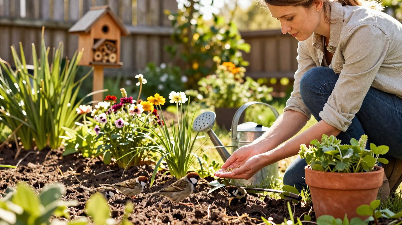 Mulher alimentando pássaros em jardim ensolarado com flores, regador e vaso de plantas ao lado.