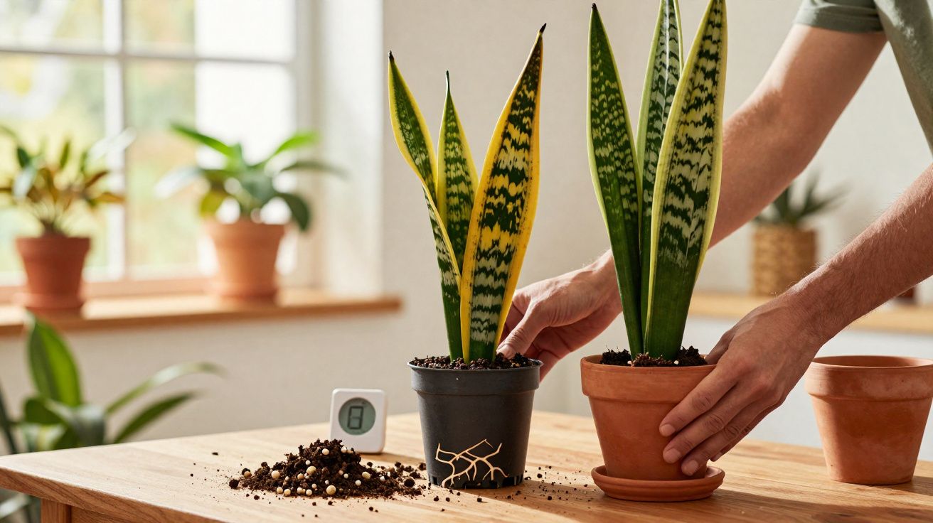 Pessoa transplantando planta espada-de-são-jorge em vaso de barro sobre mesa com terra espalhada.