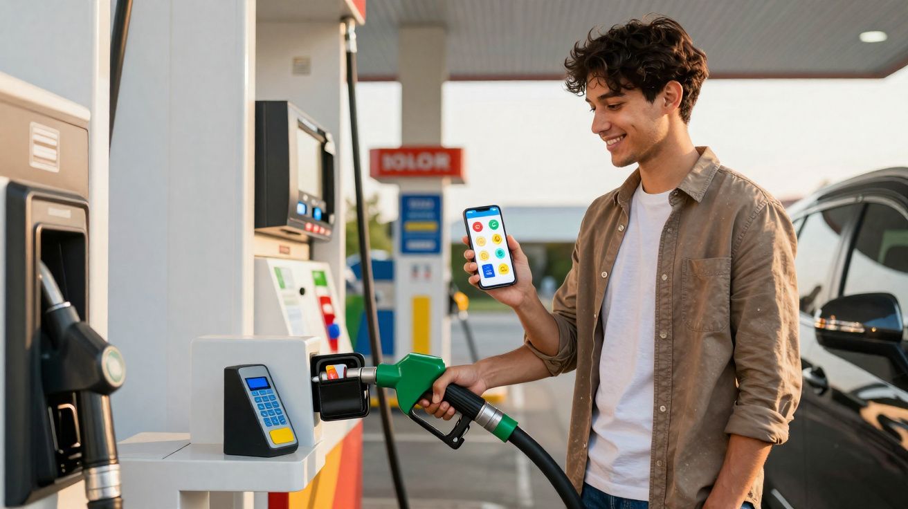Jovem sorrindo usa app no celular enquanto abastece carro em posto de gasolina moderno.