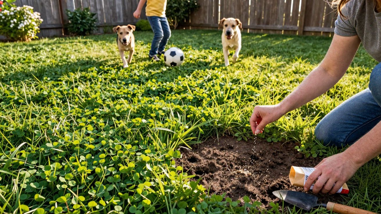 Jardim com gramado onde dois cães correm atrás de uma criança com bola, enquanto adulto semeia terra.