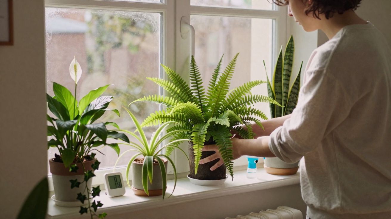 Pessoa cuidando de plantas domésticas variadas em um peitoril de janela iluminado pela luz natural.