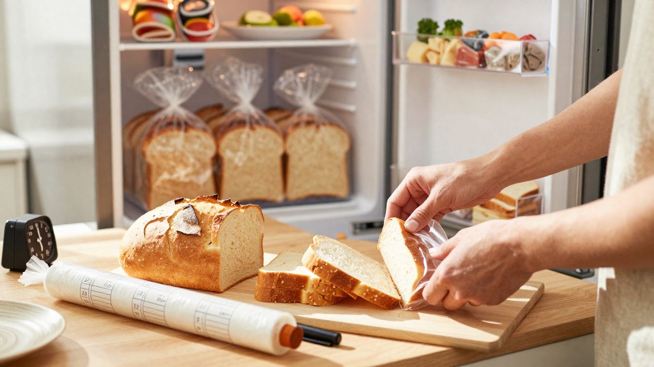 Pessoa embalando fatia de pão em cozinha com geladeira ao fundo cheia de pães embalados e frutas.