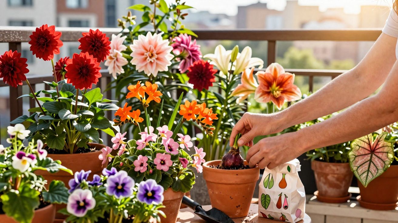 Pessoa plantando bulbo em vaso com flores coloridas em varanda ensolarada de apartamento.