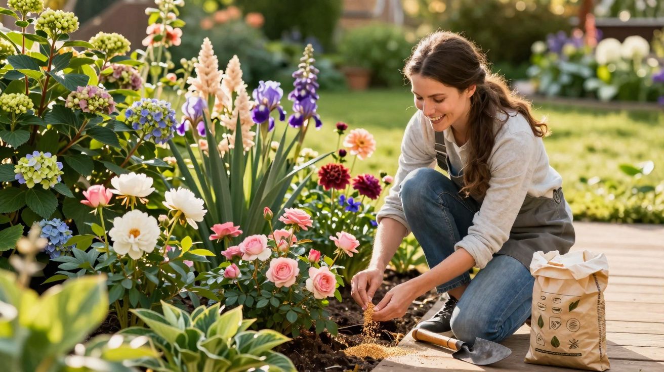 Mulher sorridente plantando flores coloridas em jardim ensolarado, com pá e saco de adubo ao lado.