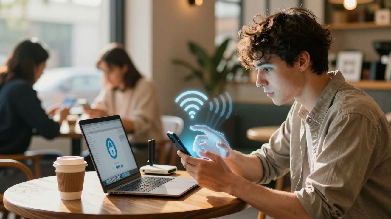 Jovem usando celular com ícone de Wi-Fi holográfico, laptop e copo de café em mesa de cafeteria.
