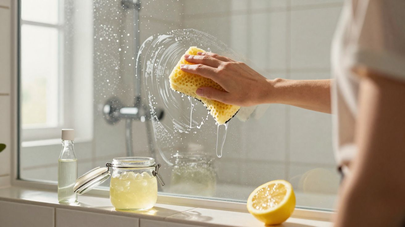 Pessoa limpando espelho do banheiro com esponja amarela e limpador caseiro de limão e vinagre.