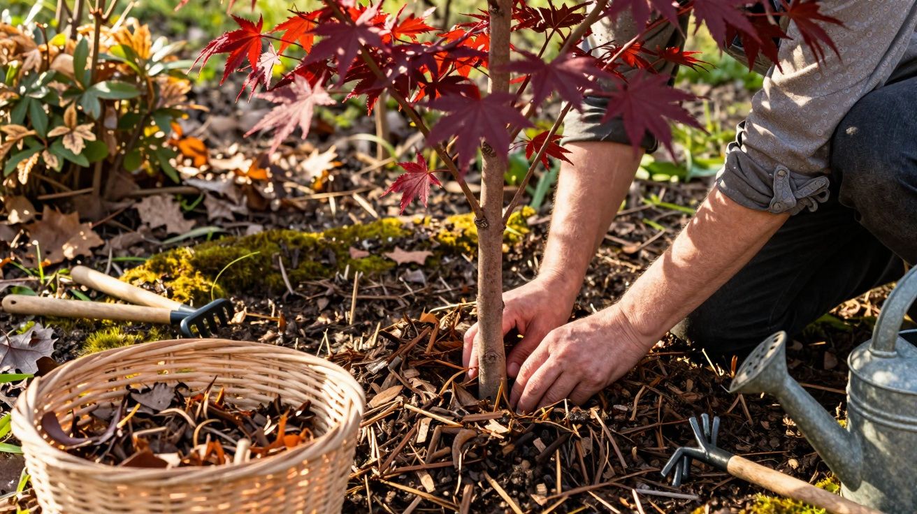 Pessoa cuidando de muda de árvore com folhas vermelhas, ao redor ferramentas de jardinagem e cesta.