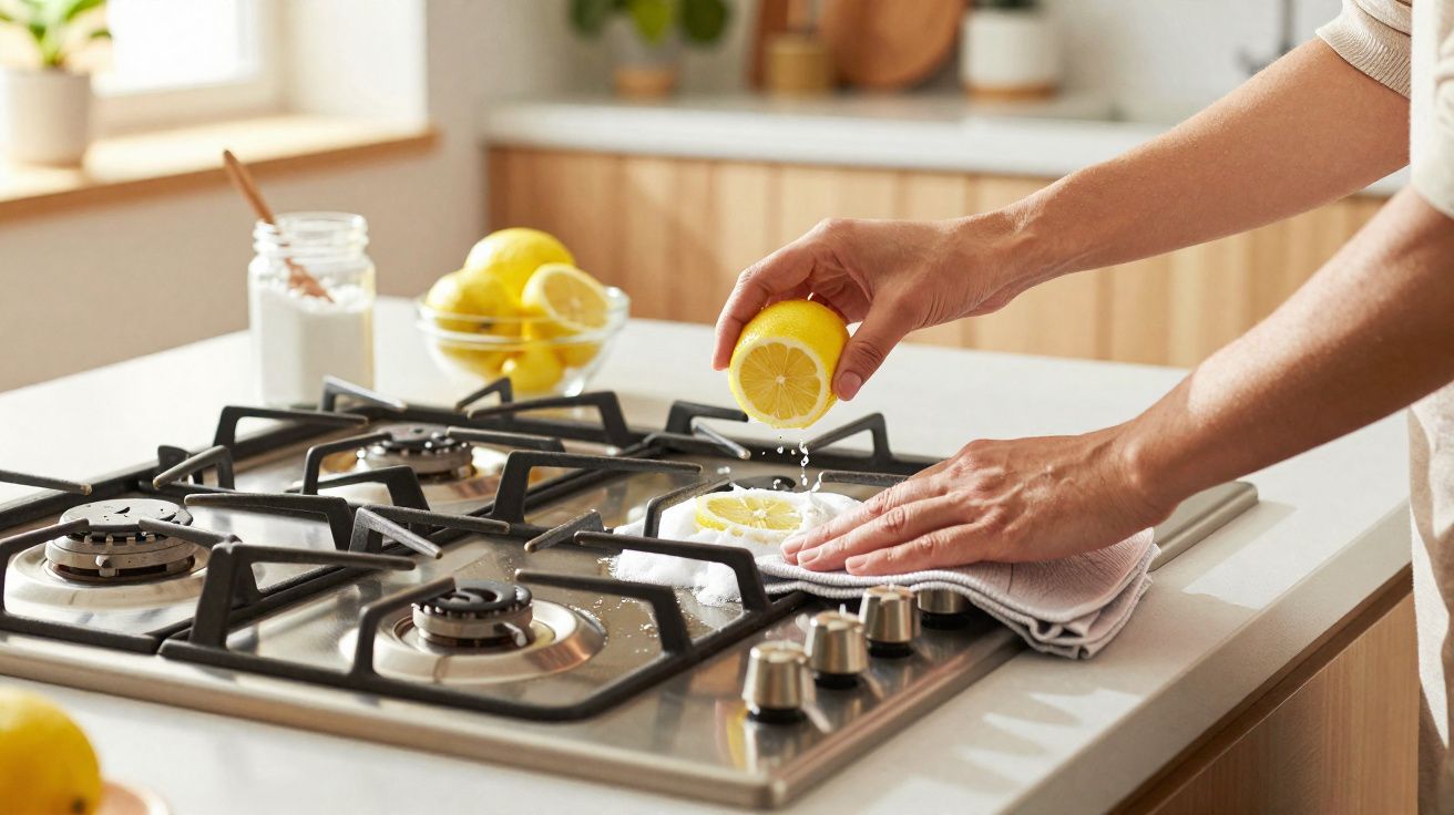 Pessoa espremendo limão para limpar fogão a gás em cozinha clara e moderna.