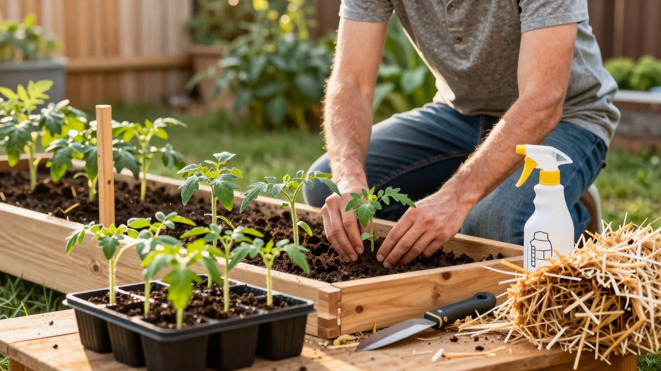 Pessoa plantando mudas em canteiro elevado de madeira em jardim, com regador e faca à vista.