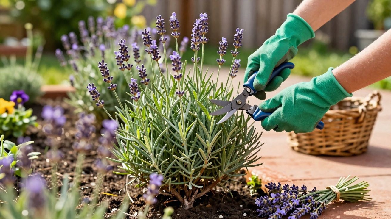 Pessoa com luvas verdes podando flores de lavanda em jardim ensolarado com tesoura de poda azul.