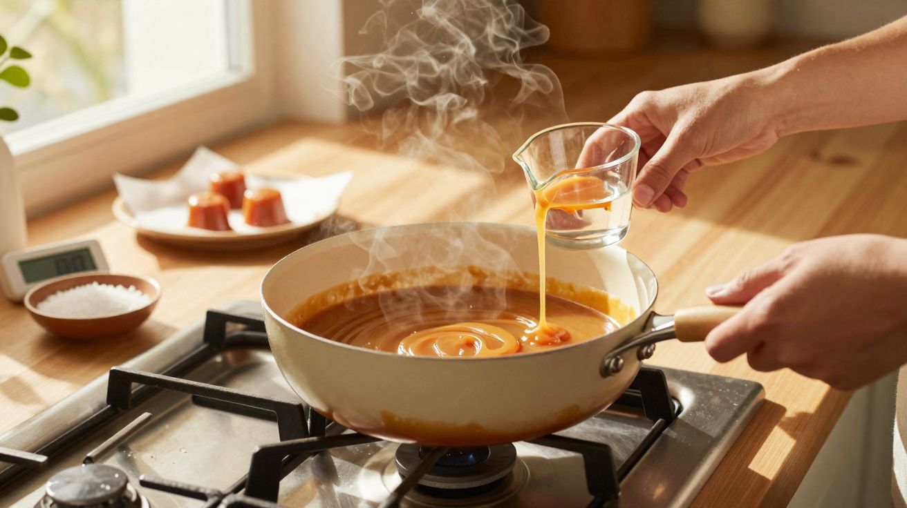 Mãos despejando caramelo derretido em frigideira sobre fogão aceso em cozinha iluminada pela janela.