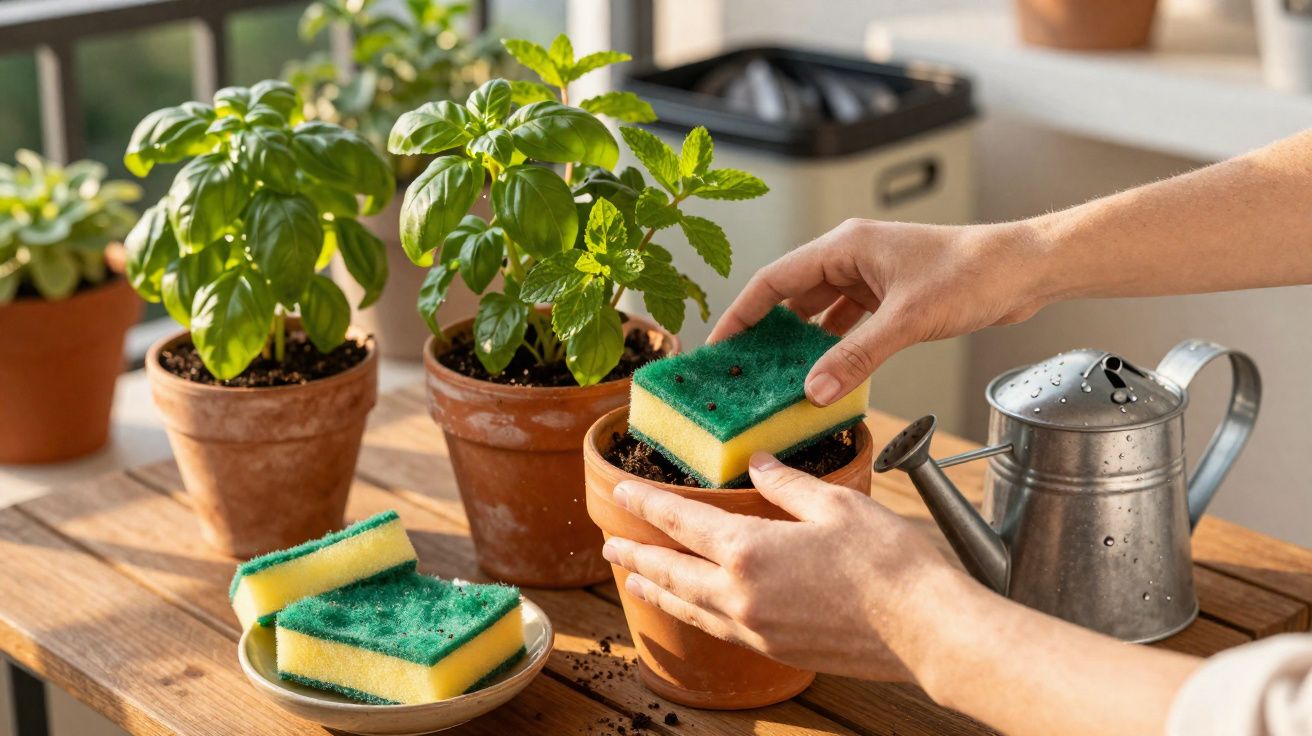 Pessoa usando esponja para plantar sementes em vaso de barro com regador ao lado em mesa de madeira.