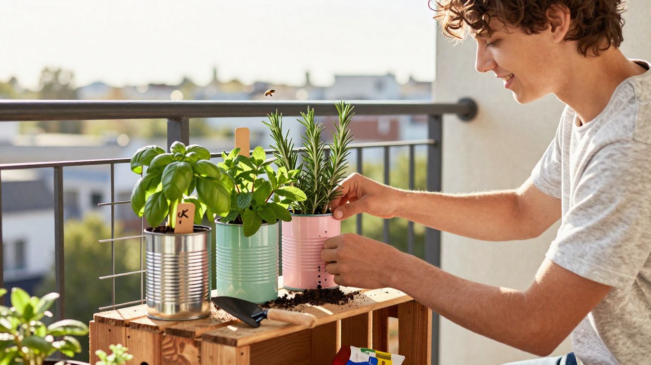 Jovem cuidando de ervas em vasos feitos com latas na varanda ensolarada de um apartamento.