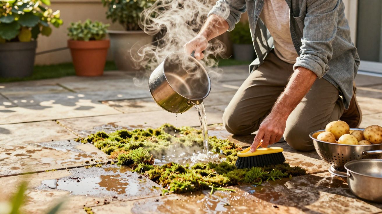 Pessoa despejando água quente e limpando musgos em piso externo com escova e batatas ao lado.