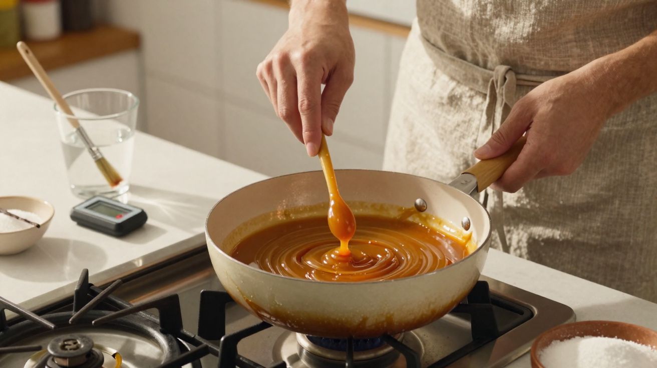 Pessoa mexendo calda caramelizada em panela no fogão a gás na cozinha.
