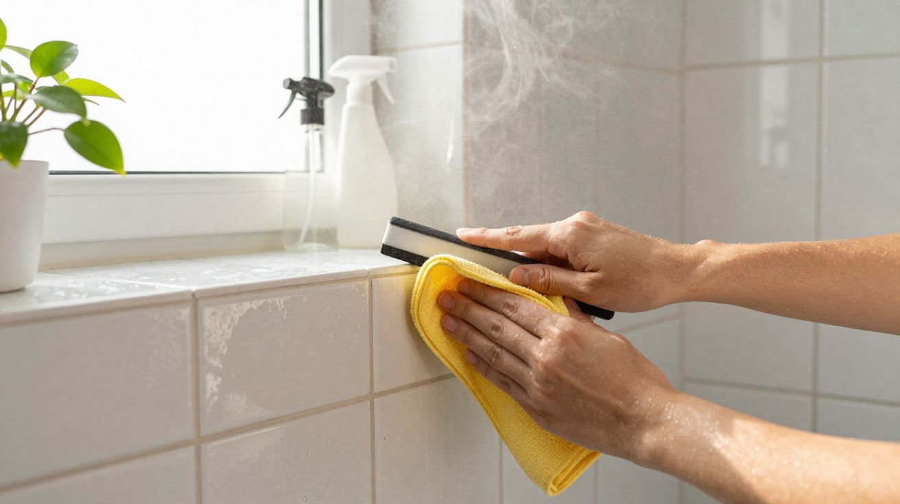 Mãos limpando rejunte de azulejo com esponja e pano amarelo em banheiro claro e úmido.