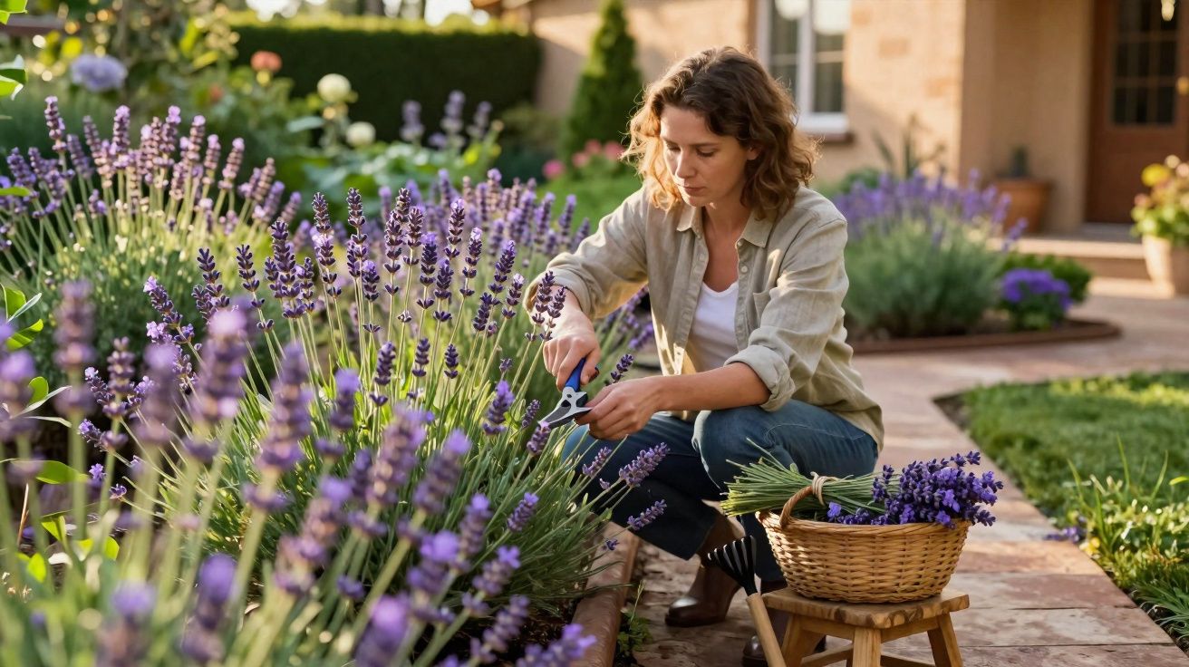 Mulher colhendo flores de lavanda em jardim ensolarado, com cesta cheia ao lado.