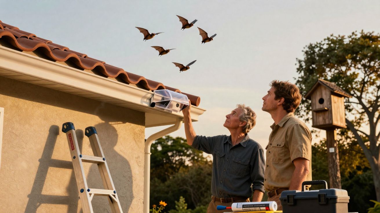 Dois homens instalando uma caixa na calha para capturar morcegos voando ao entardecer.