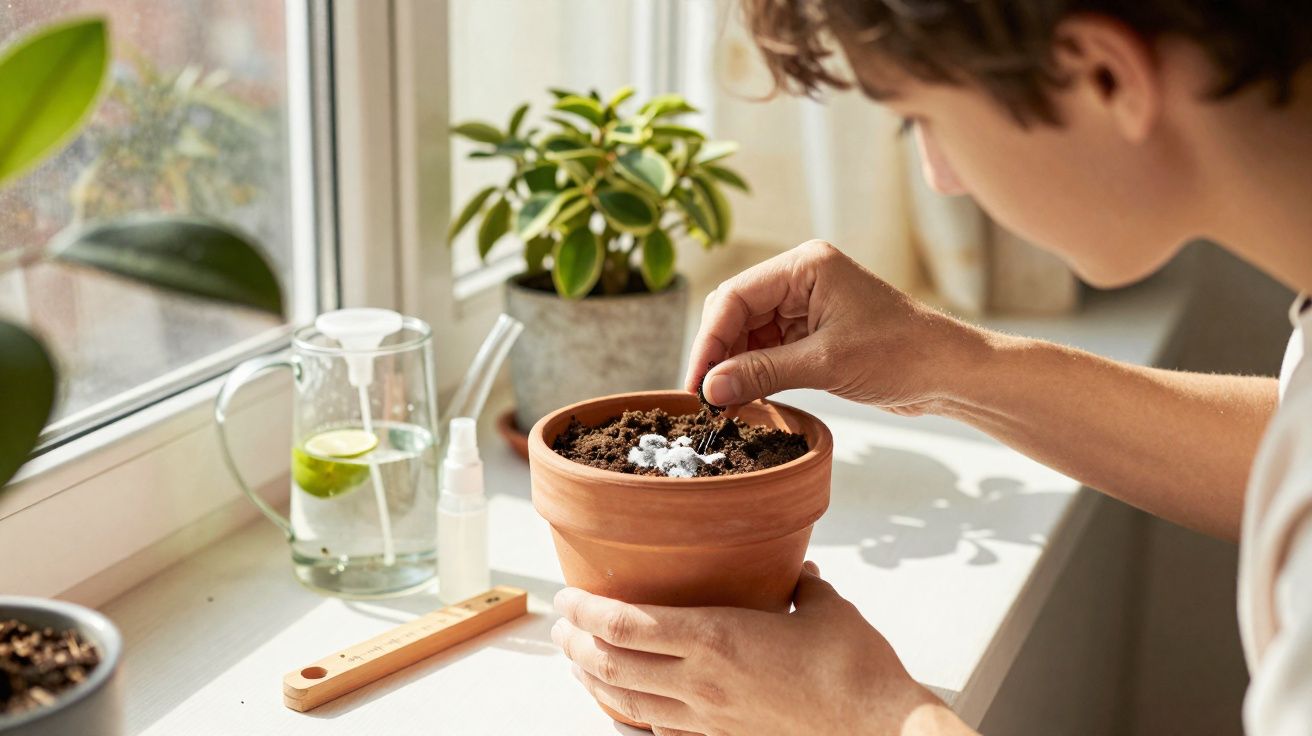 Pessoa plantando sementes em vaso de barro próximo a janela com plantas e regador de vidro.