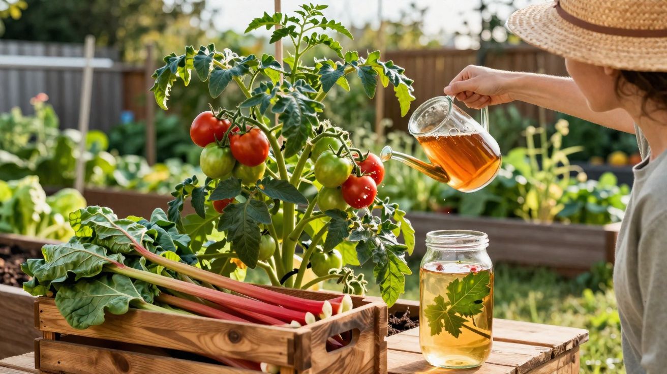 Pessoa regando planta de tomate com regador transparente em jardim, com caixa de legumes ao lado.