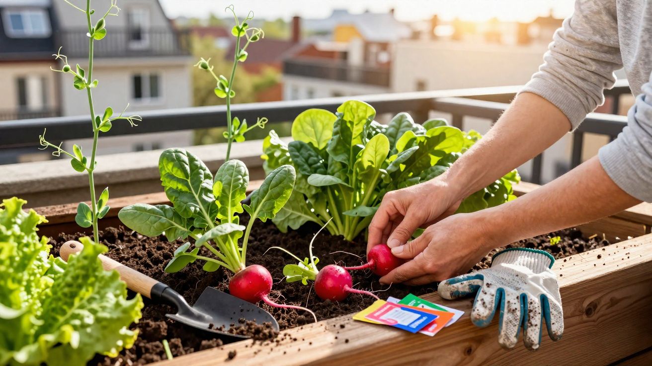 Pessoa colhendo rabanetes em horta urbana com plantas verdes ao redor, luvas e ferramentas à vista.
