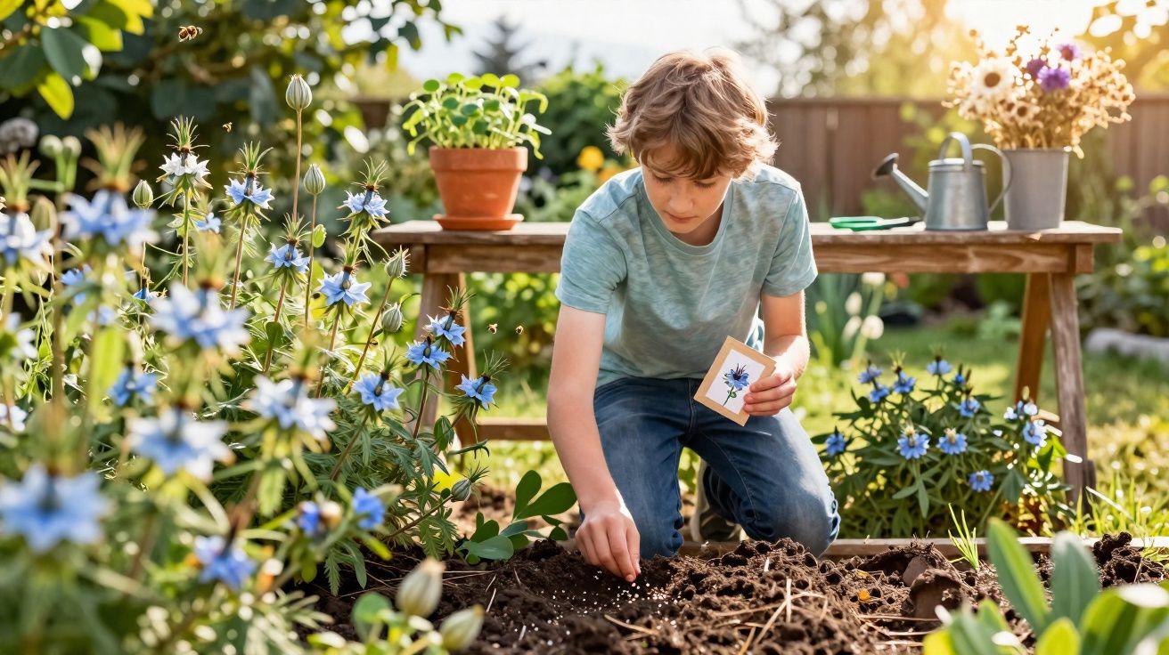 Menino plantando sementes em jardim com flores azuis, em dia ensolarado no quintal.