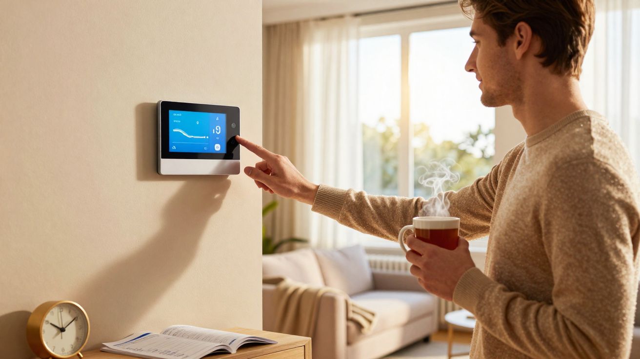 Homem ajusta termostato digital na parede segurando xícara com bebida quente em sala iluminada.
