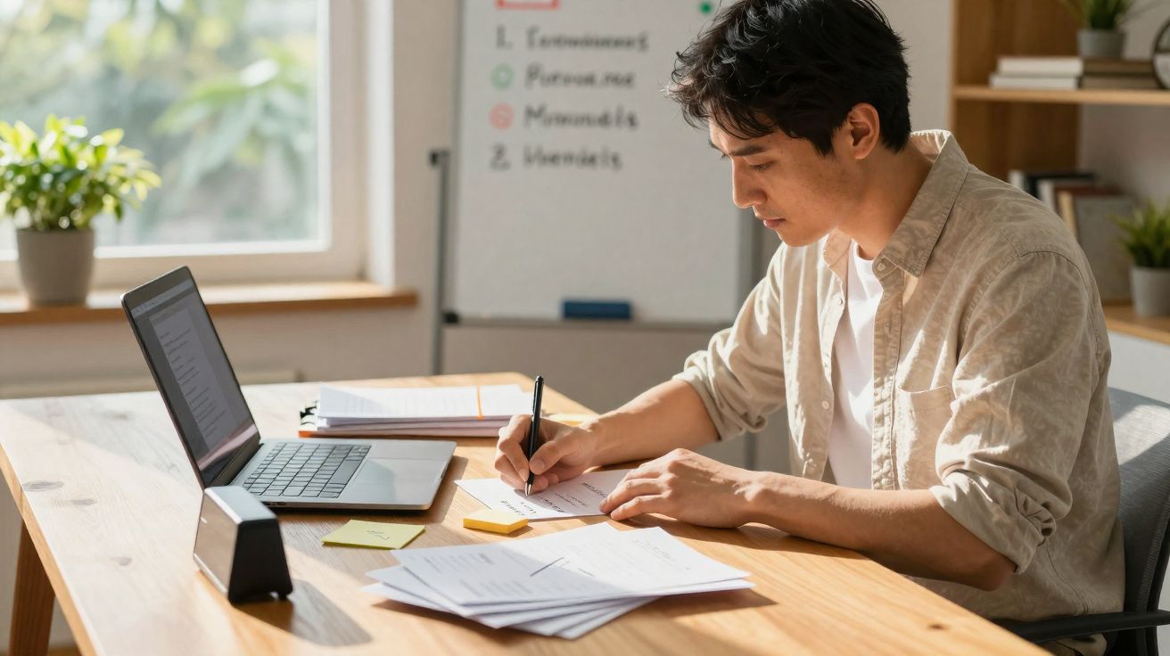 Jovem sentado à mesa escrevendo em papel, com laptop aberto e plantas ao fundo em ambiente iluminado.
