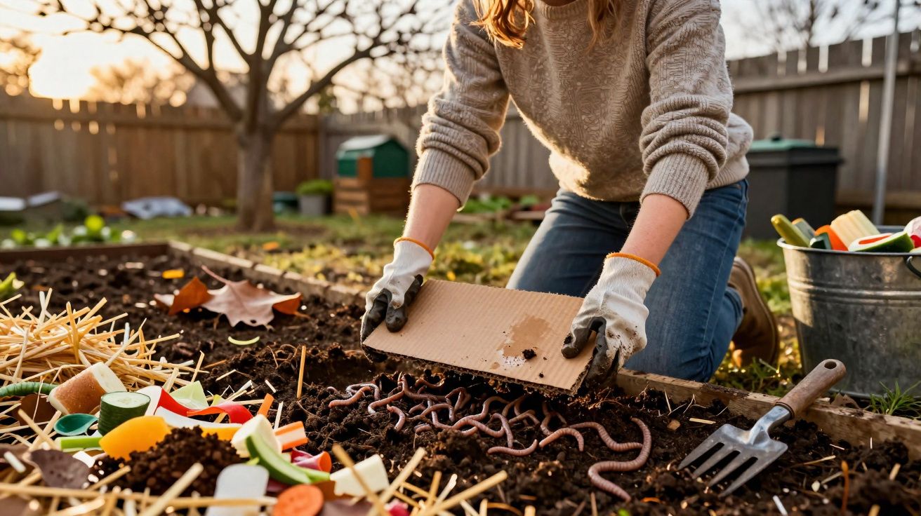 Pessoa com luvas trabalhando com minhocas em canteiro de compostagem em jardim ao ar livre.