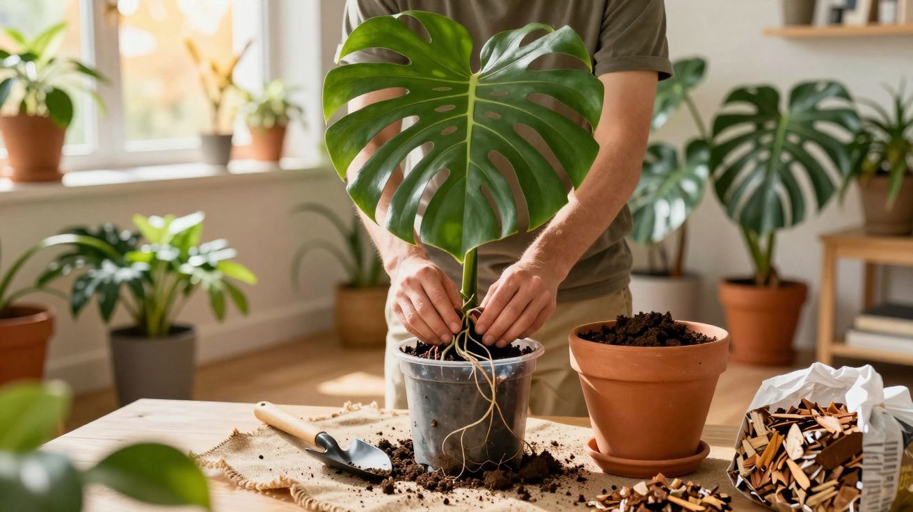 Pessoa transplantando planta monstera em vaso dentro de casa com ferramentas e terra na mesa.