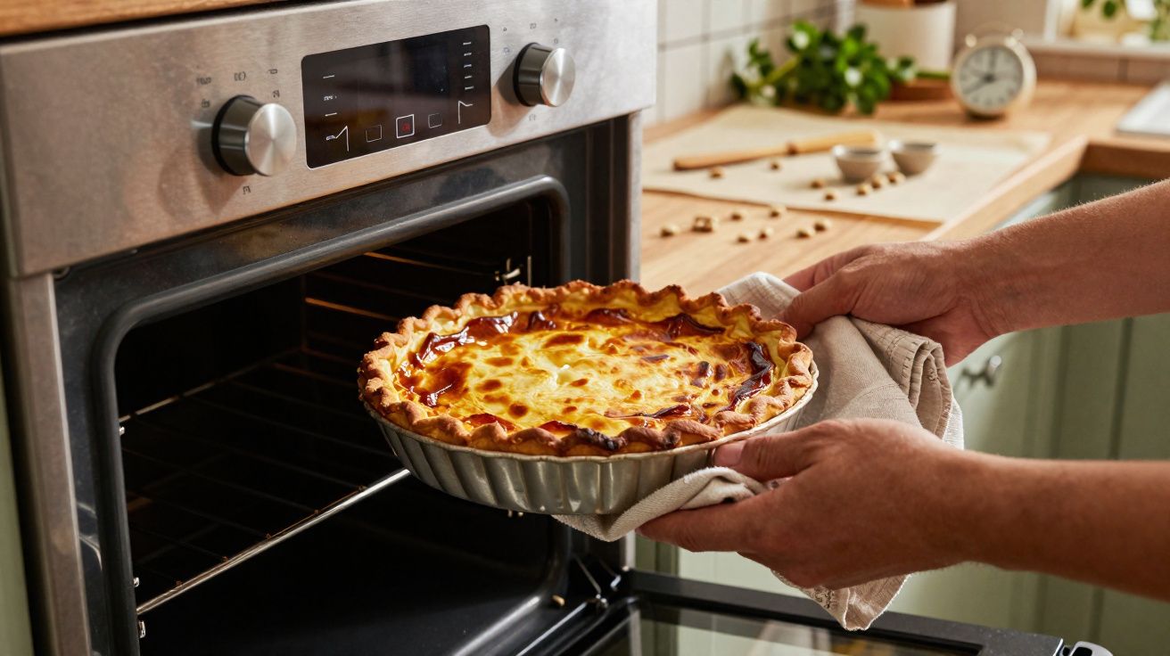 Pessoa retirando torta dourada assada de forno elétrico em cozinha iluminada e organizada.