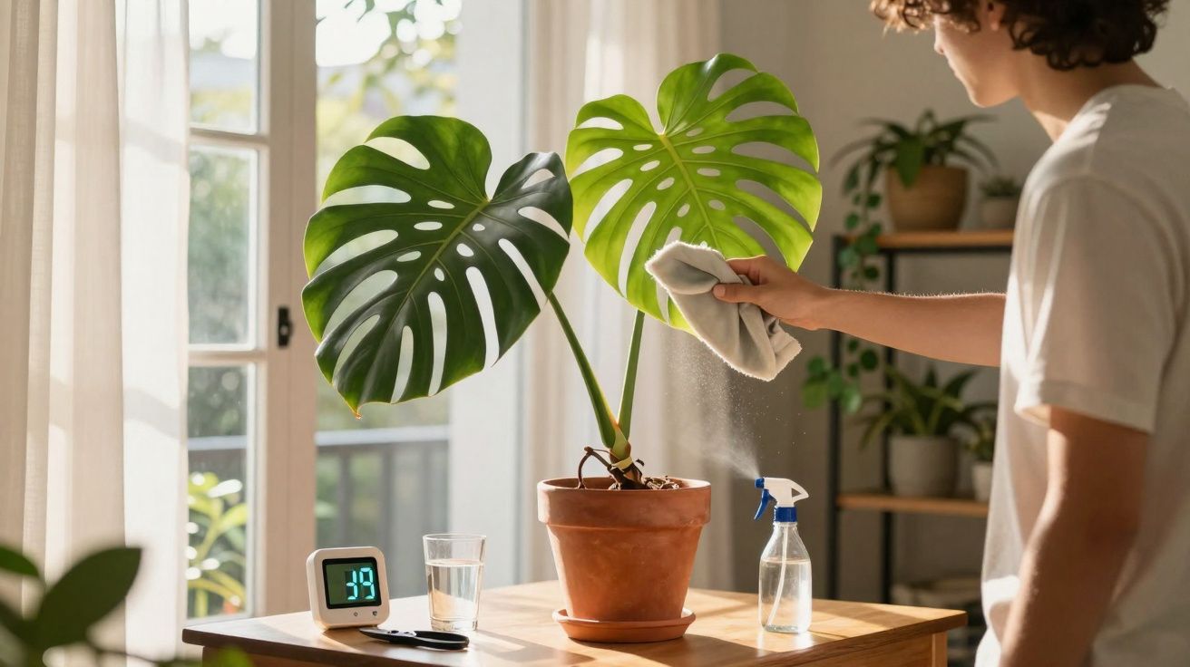Pessoa cuidando de planta Monstera com borrifador e pano em ambiente iluminado por luz natural.