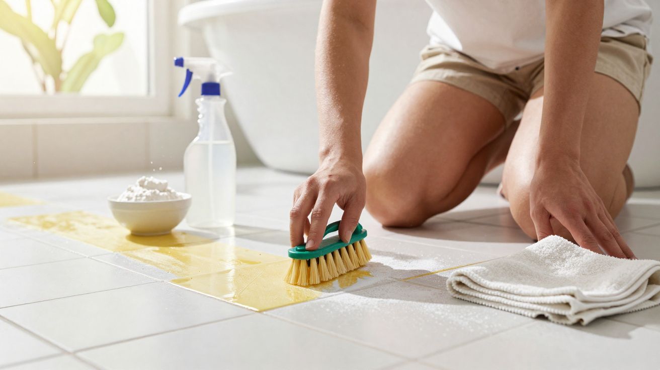 Pessoa limpando chão branco com escova, pano e produtos de limpeza em banheiro iluminado.