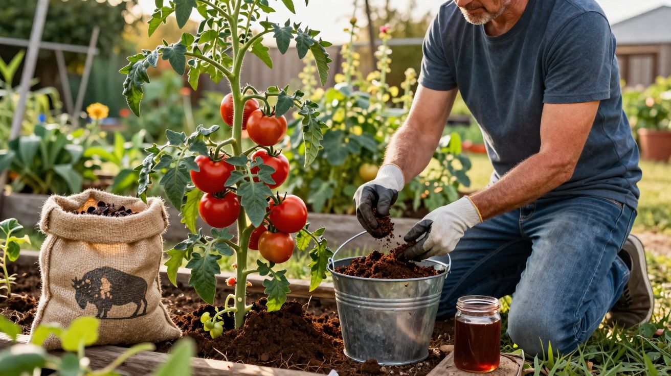 Homem cuidando de muda de tomate em horta, com balde de terra, saco de adubo e pote ao lado.