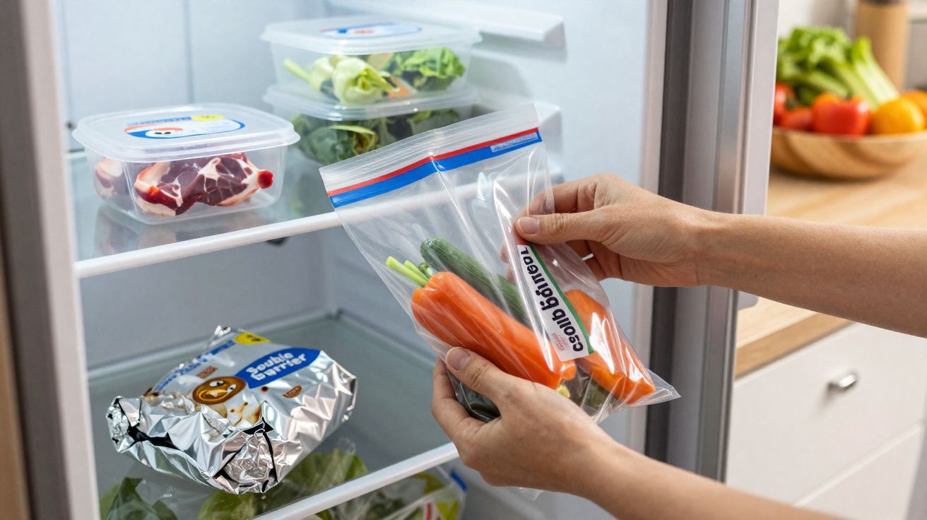 Mãos colocando saco plástico com cenoura e pepino na geladeira com outros alimentos embalados.