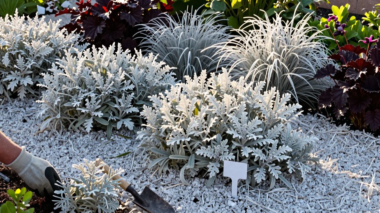 Jardim com plantas prateadas e gramíneas em solo coberto por pedrinhas brancas, com mão enluvadas cuidando.