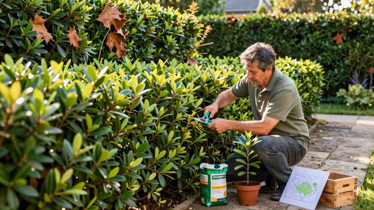 Homem podando arbustos verdes em jardim ensolarado com ferramentas e planta em vaso.