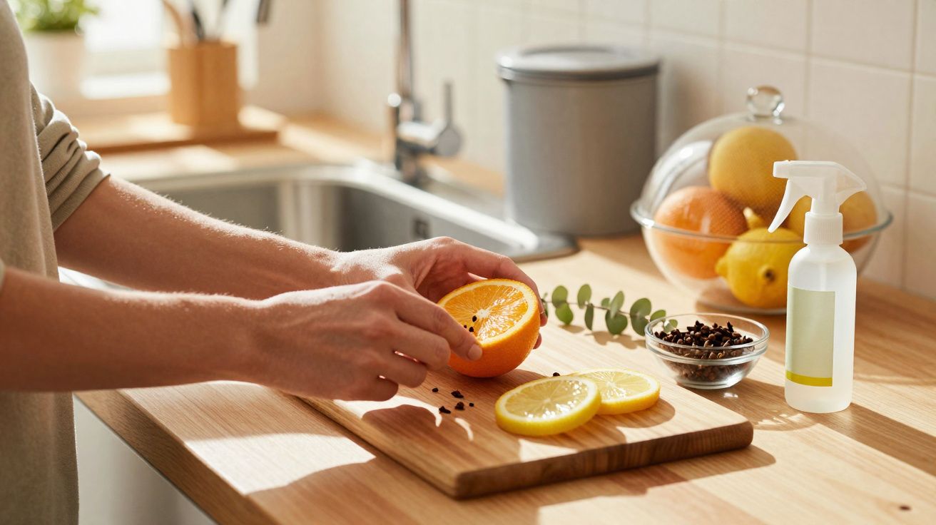 Pessoa cortando laranja com limão, cravos e spray em bancada de cozinha iluminada pela luz natural.
