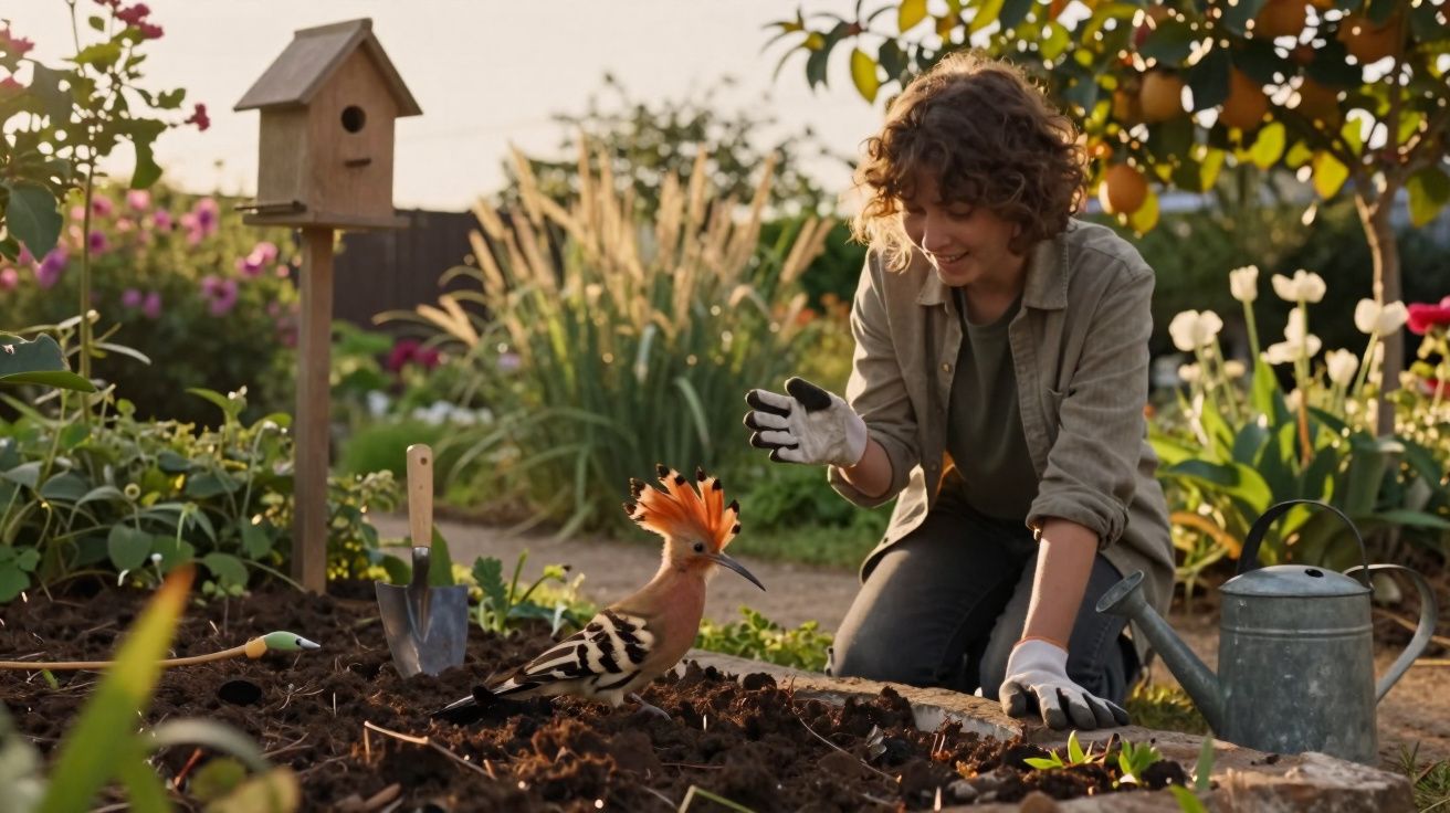 Mulher sorrindo agachada no jardim interagindo com um pássaro colorido em solo cultivado.