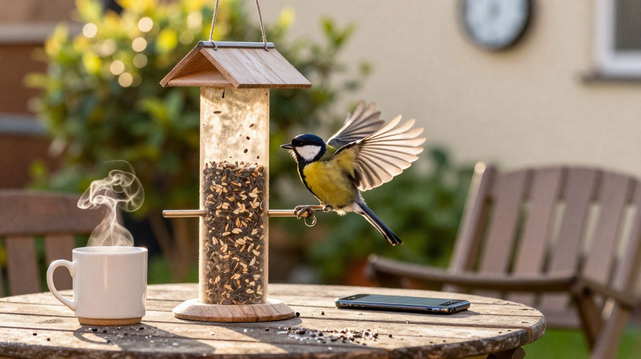 Pássaro fofo pousando em comedouro de sementes sobre mesa de madeira com xícara de café e celular.