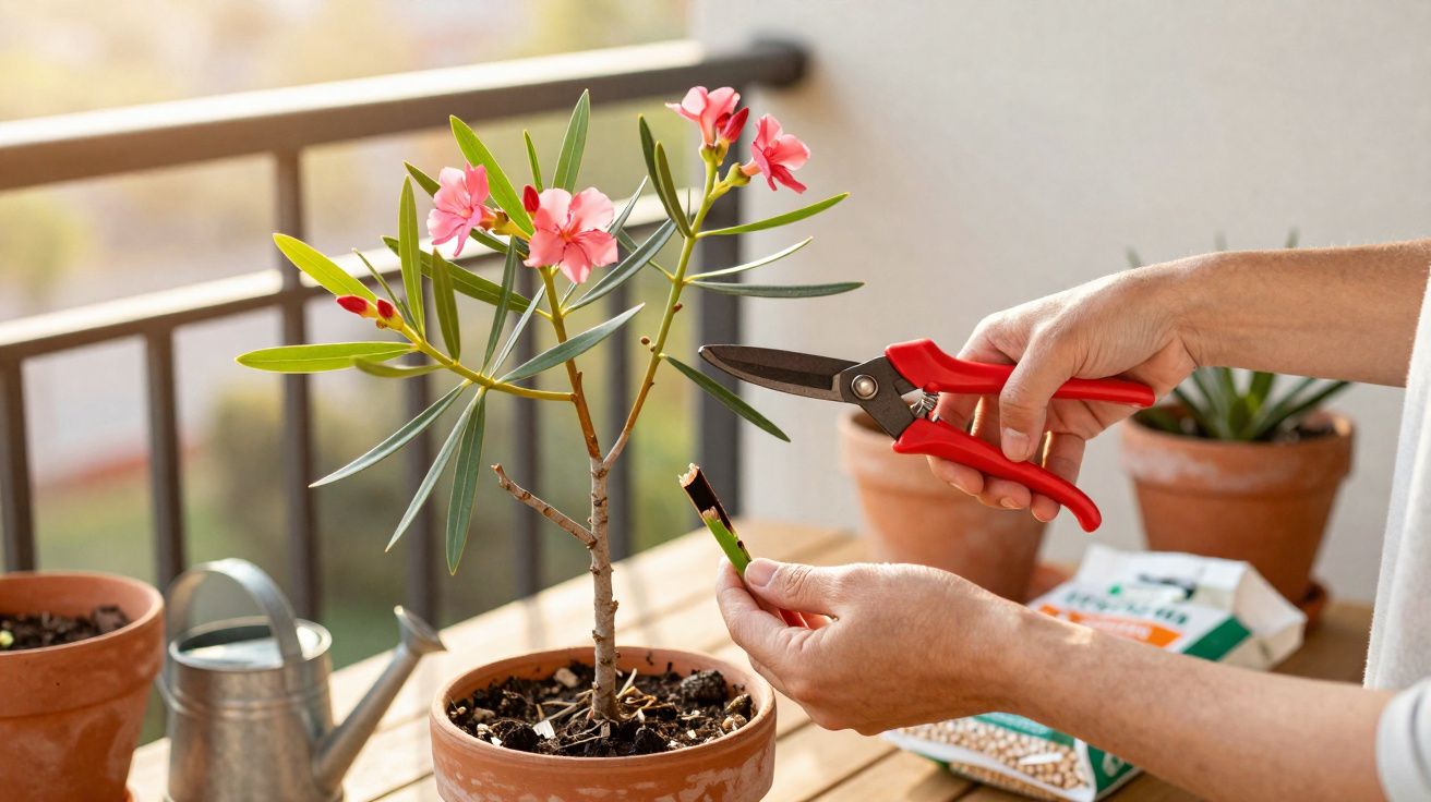 Pessoa podando planta com flores rosas em vaso de cerâmica em varanda ensolarada.