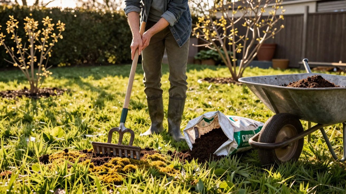 Pessoa usando botas e jaqueta mexendo o solo com ancinho em jardim ensolarado, perto de carrinho de mão e saco de terra.