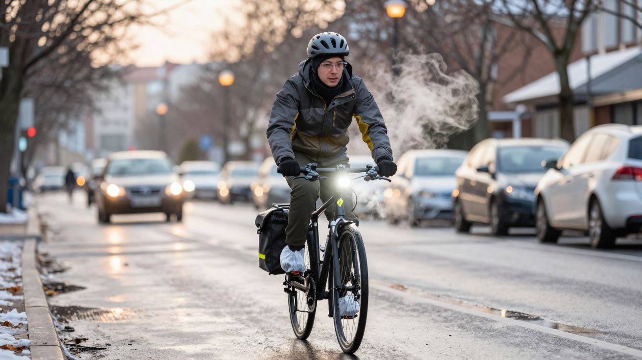 Homem de capacete pedalando bicicleta em rua urbana fria com carros ao fundo no fim da tarde.