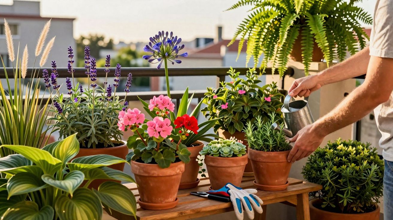 Pessoa regando plantas em vasos de cerâmica variados em uma varanda ensolarada.
